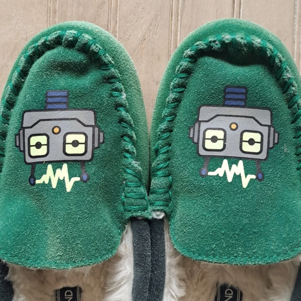 Lands' End Kids' Fuzzy Lined Suede Leather Moccasin Slippers Robot Design